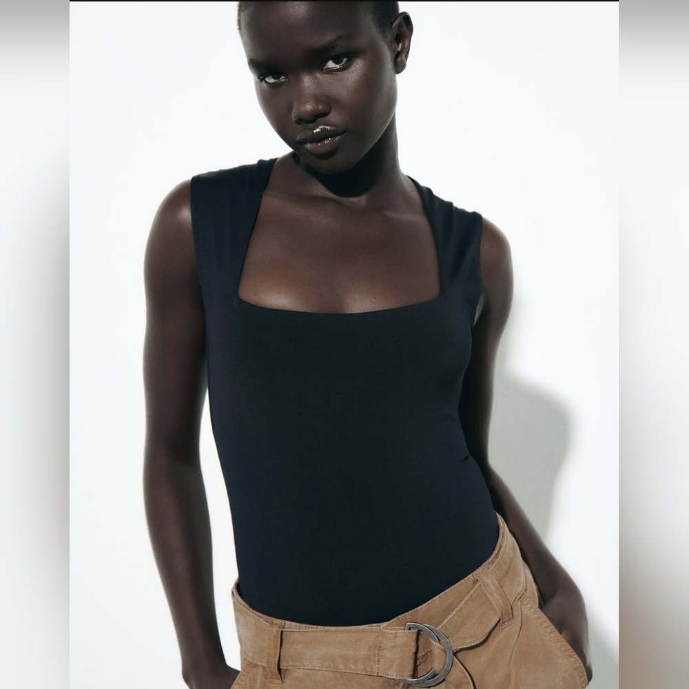 NWOT Zara Polyamide Square Neck Black BODYSUIT (L)
